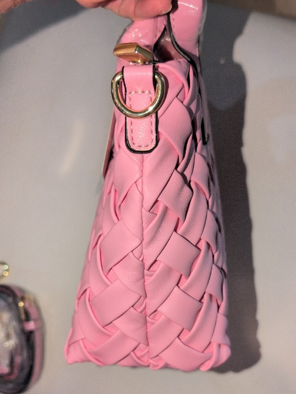 Woven Pink Women's Vegan Leather Handbag With Crossbody Strap - Picture 7 of 11